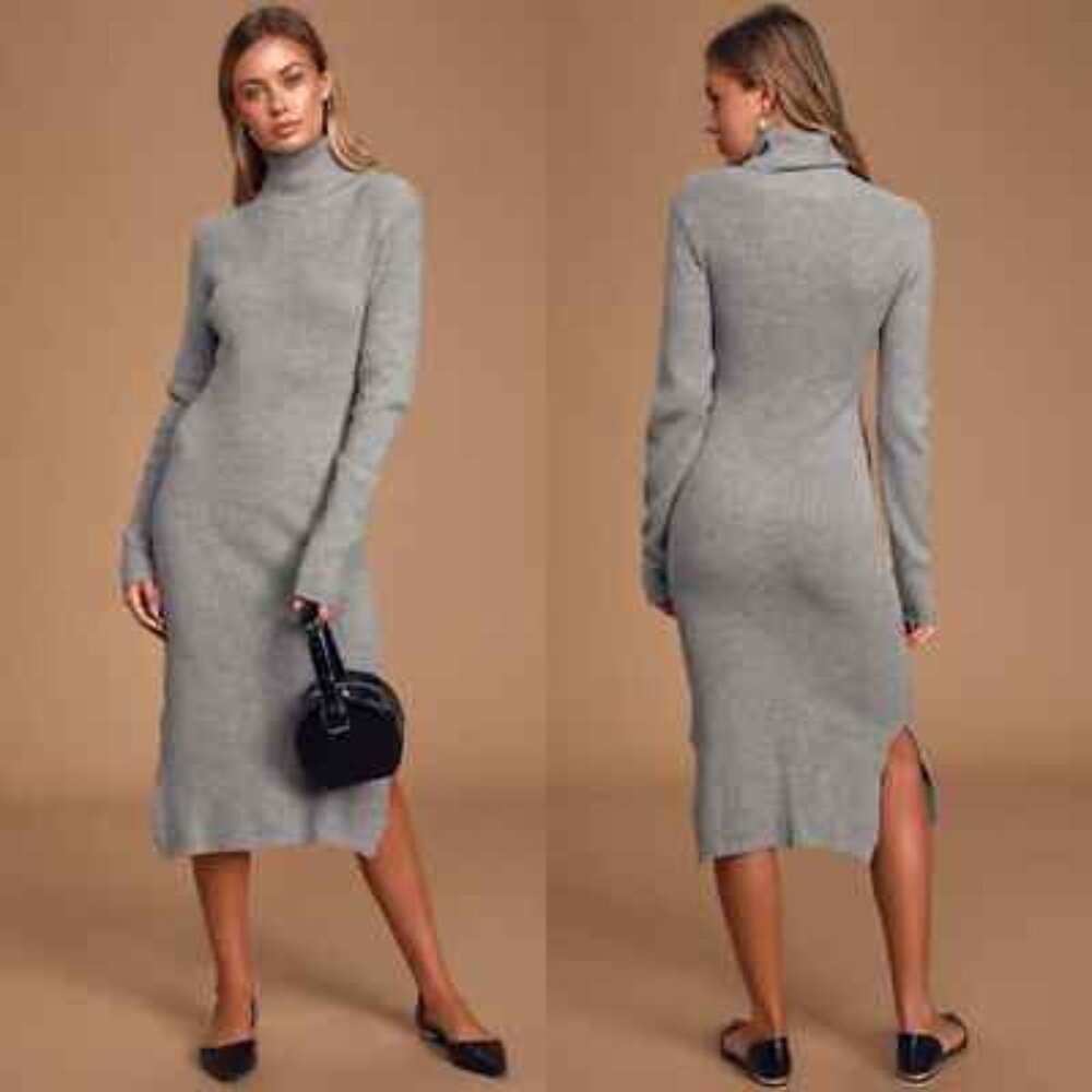 LULUS Sheerah Gray Long Sleeve Turtleneck Sweater Dress Size Medium NWT